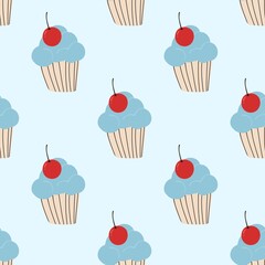Hand drawn blue cupcake pattern background. Cute cupcake pattern background. Cherry cupcake seamless pattern. Seamless patterns with sweet dessert cupcakes.