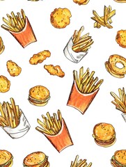 A whimsical pattern featuring hand-drawn fast food items like burgers, fries, and chicken nuggets on a white background