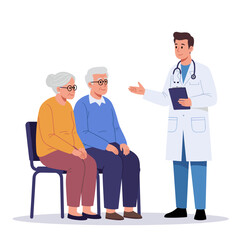 Doctor talking to elderly couple while seated in a medical office  