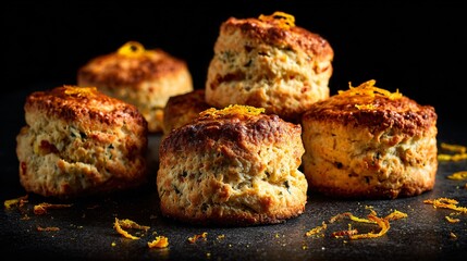 Orange scones with candied peel, dark moody backdrop, scattered zest curls, dramatic lighting, copy space