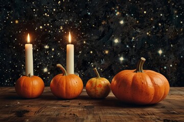 Still life of pumpkins and candles halloween gloomy atmosphere