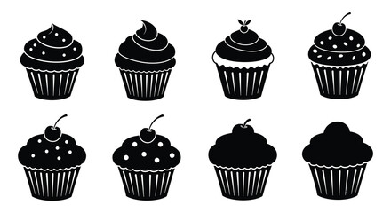 Black and white illustration featuring a collection of various cupcake designs