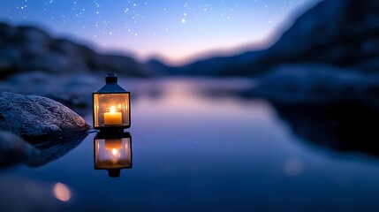 Glowing lantern on rocky shore reflects in calm lake water at twilight, creating magical atmosphere with purple sky and starry background.