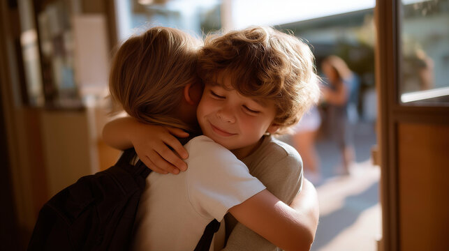 A 5 year old hugs a sibling goodbye at a school entrance with backpacks slung parents chatting and a bell ringing in the background rendered in a tender photo with embrace