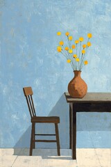 Still life depicting a simple wooden chair beside a dark table holding a terracotta vase of yellow flowers against a light blue wall
