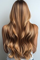 Fototapeta premium Back view of long wavy blonde hair with caramel balayage highlights showing professional salon styling result against neutral background.