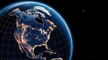 Illuminated globe of earth with north america visible showing city lights against a black starry sky background
