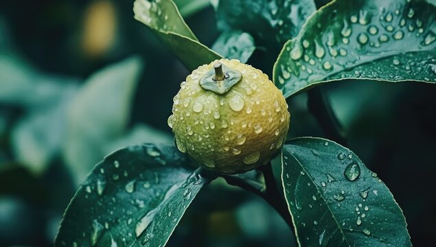 A close-up of an unripe lemon with water droplets on it, with green leaves in the background. - Powered by Adobe