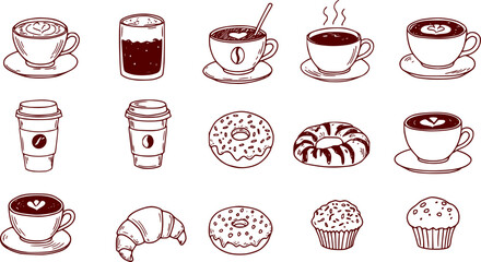 Hand drawn sketch style coffee shop set illustration of various coffees and bakery items collection
