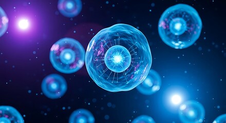 Microscopic view of glowing blue cells with nuclei, floating in a dark, cosmic environment with light flares