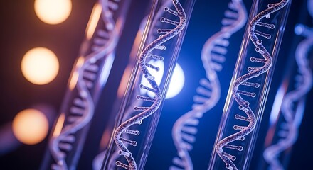 Abstract visualization of dna double helix strands in a futuristic laboratory setting with blue and purple lighting