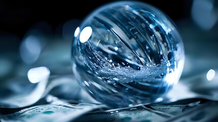 Macro photography of crystal ball with inverted reflection creating abstract winter landscape effect in blue tones, water drops and bokeh lights in background.