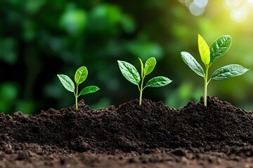 Fototapeta premium Young green seedlings growing in fertile soil with morning sunlight, showing plant growth stages and environmental development concept for agriculture and gardening.