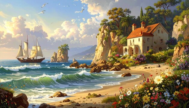 Serene seascape with sailboat near rocky cliffside house and vibrant beach flowers under partly cloudy sky.