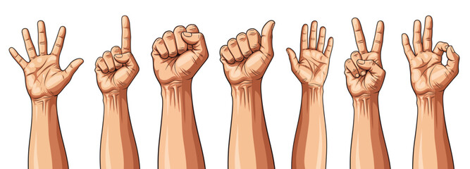 Diverse hands display different numbers and gestures symbolizing communication and counting in a clear, modern style