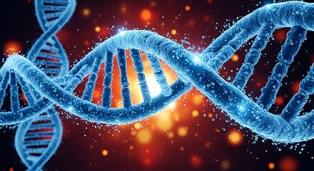 Abstract 3d render of a blue dna double helix structure with glowing particles and bokeh lights in the background, representing genetics and science