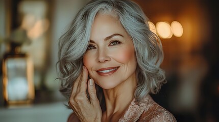 Obraz premium Elegant mature woman with silver gray wavy hair and natural makeup smiling warmly in soft evening lighting, showcasing graceful aging and confidence.