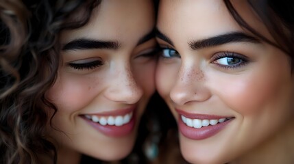 Young Caucasian women with bright blue eyes, dark curly hair and radiant smiles share joyful moment together in close-up portrait showing natural beauty and friendship.