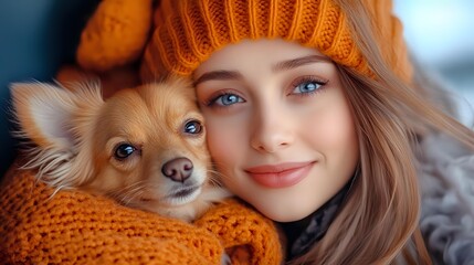 Young woman with blue eyes wearing orange knit beanie and sweater holds small brown chihuahua dog close to face, both looking at camera with warm autumn mood.
