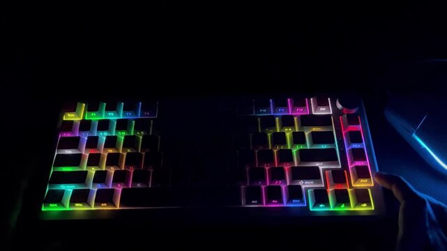 Close-up video of fingers gently typing on a mechanical keyboard with soft keystroke sounds.
