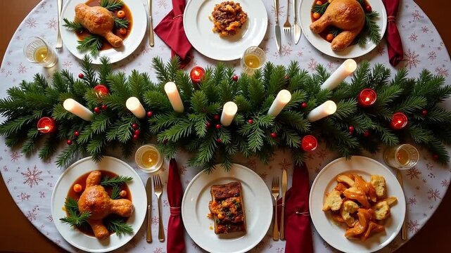 Festive holiday table set for a celebratory meal with roasted chicken and festive greenery