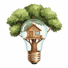 Treehouse Inside a Lightbulb with Green Trees
