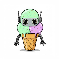 Cute Robot Ice Cream Cone Cartoon Illustration