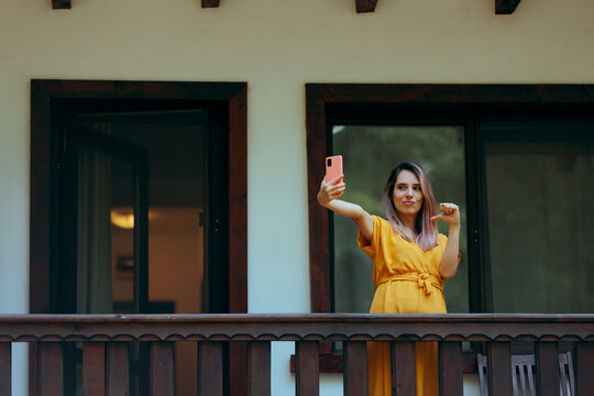 Bragging Lady Pointing to Herself Taking Vacation Selfies. Vain entitled woman showing off her travel adventures 