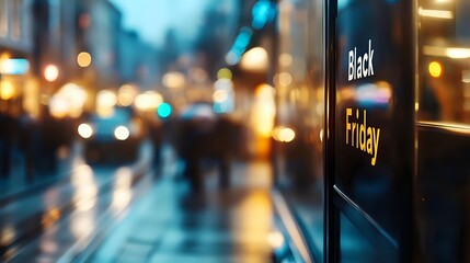 Fototapeta premium Black Friday sign in store window with blurred city street background, rainy evening atmosphere with bokeh lights and reflections on wet pavement.