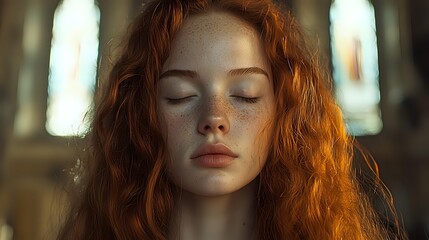 Young woman with natural red curly hair and freckles in warm golden sunlight, eyes closed in peaceful expression against blurred background. For beauty and lifestyle content.