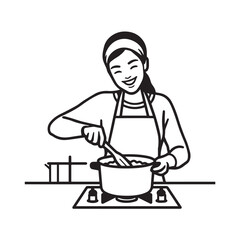 
Black and White Vector Illustration of a Smiling Woman Cooking in Kitchen with Apron and Headband