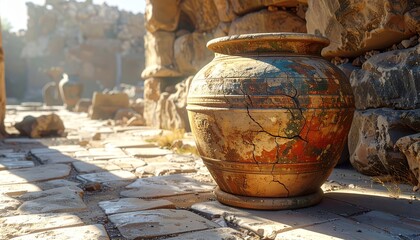 Ancient Pottery Artifact in Archaeological Ruins with Sunlight