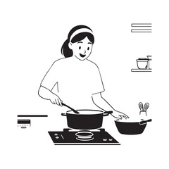 
Black and White Vector Illustration of a Smiling Woman Cooking in Kitchen with Apron and Headband