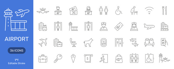 Airport And Travel Line Icon Set. Aviation, Security, And Passenger Services Outline Symbol Collection. Includes Luggage, Boarding, And Facilities. Editable Stroke. Isolated Vector Illustration © Toxa2x2