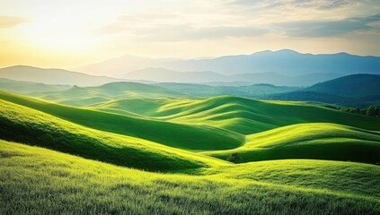 A serene landscape of rolling green hills and mountains, bathed in soft sunlight, creating an idyllic scene of nature's beauty.