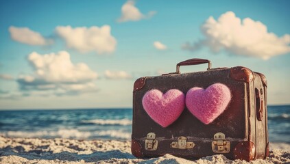 A vintage suitcase with two pink hearts on the beach, symbolizing love and travel for Valentine's Day. The background is a clear blue sky and white sand.