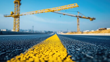 A yellow crane and a yellow road with asphalt on the background of an empty highway, a construction theme, in daylight, with a wide-angle perspective