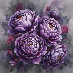 Obraz premium Watercolor painting of lush purple peonies in full bloom with buds and foliage