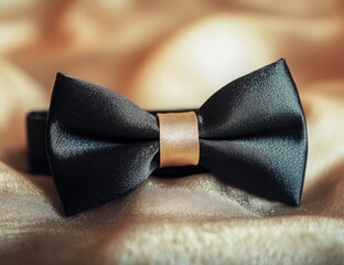 Black bow tie with a beige center band, front view, blurred background, product photography.