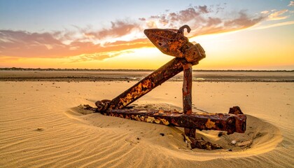 Rusty Anchor on Sandy Beach at Sunset with Vibrant Sky Colors