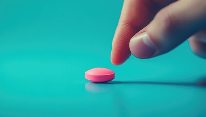 Close-up of a pink pill on a table, with a hand touching it against a blue background.
