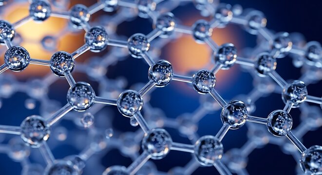 Abstract 3d rendering of a molecular structure, possibly graphene or a carbon nanotube, with glowing nodes and connections on a blue background