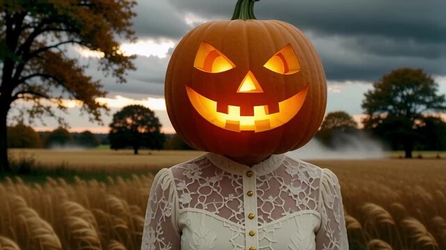 Spooky Halloween pumpkin head character in white lace dress, glowing jack o lantern person in autumn field, eerie harvest season concept