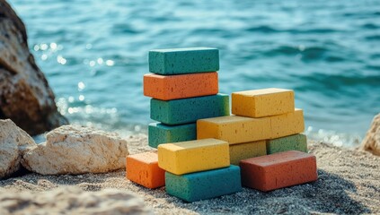 Colorful bricks stacked on top of each other near the sea, representing building blocks for construction and architectural design.