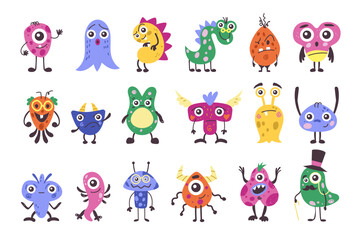 Kid mascots. Cute cartoon monster from simple form. Colorful characters. Basic shapes with emotions. Vector abstract children decorative fantastic animal tidy doodle flat style isolated illustration