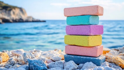 Colorful bricks stacked on top of each other near the sea, representing building blocks for construction and architectural design.