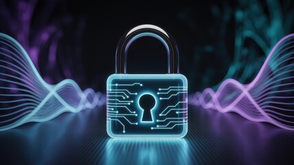 Digital padlock symbolizing cybersecurity and data protection with abstract neon wave background