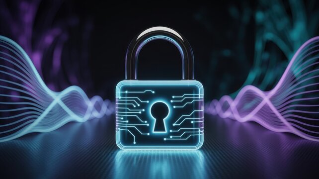 Digital padlock symbolizing cybersecurity and data protection with abstract neon wave background