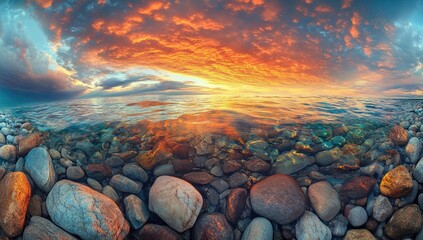 Panoramic photo of Lake Houghton in Michigan, sunset, rocks on the shore, clouds in the sky.