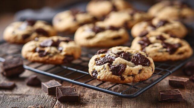 Chocolate chip cookies on cooling rack, rustic wood surface, scattered chocolate chunks, soft natural light, copy space bottom left